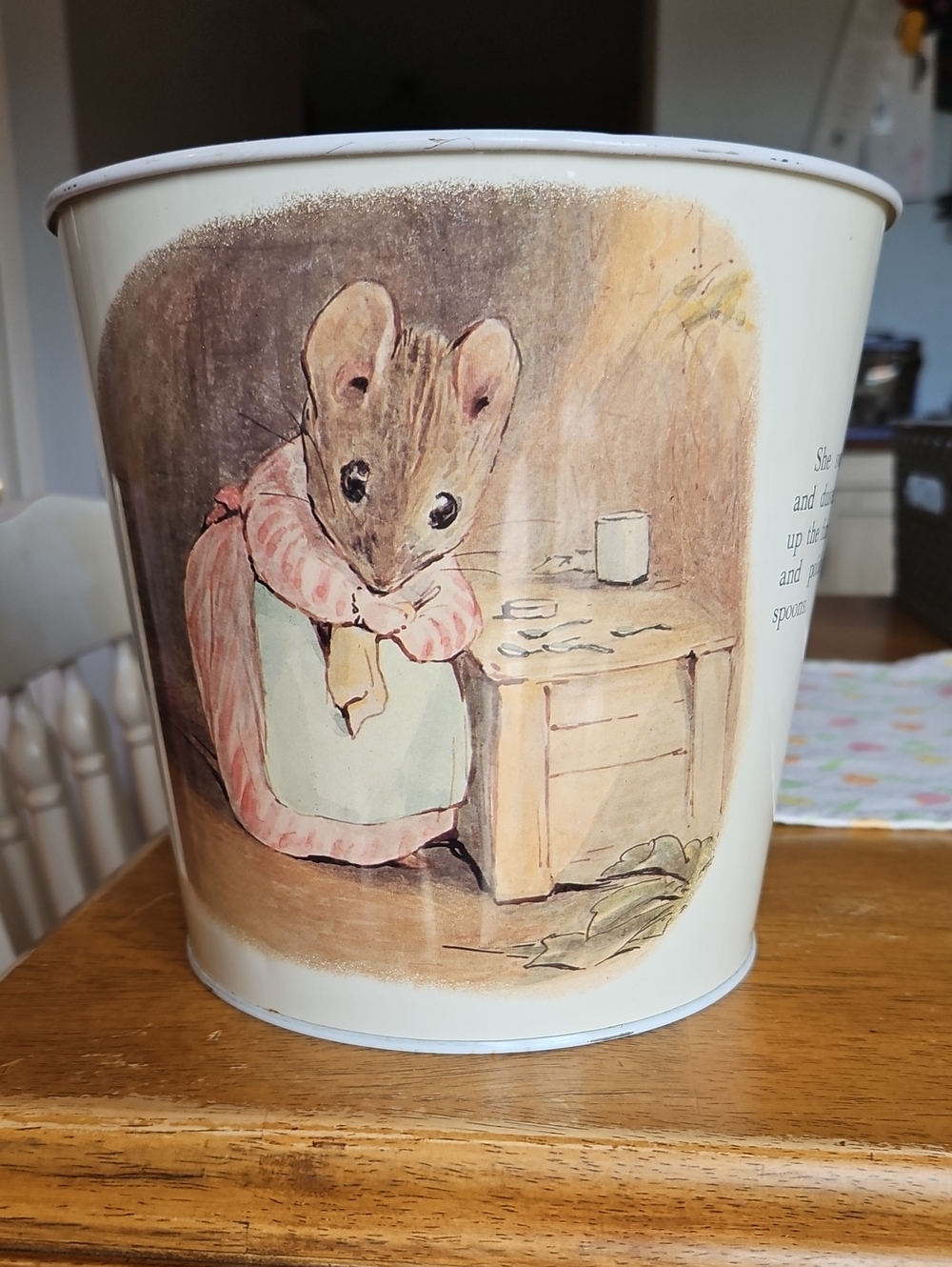 Whimsical White Decorative Storage Bin with Storybook Mouse Artwork